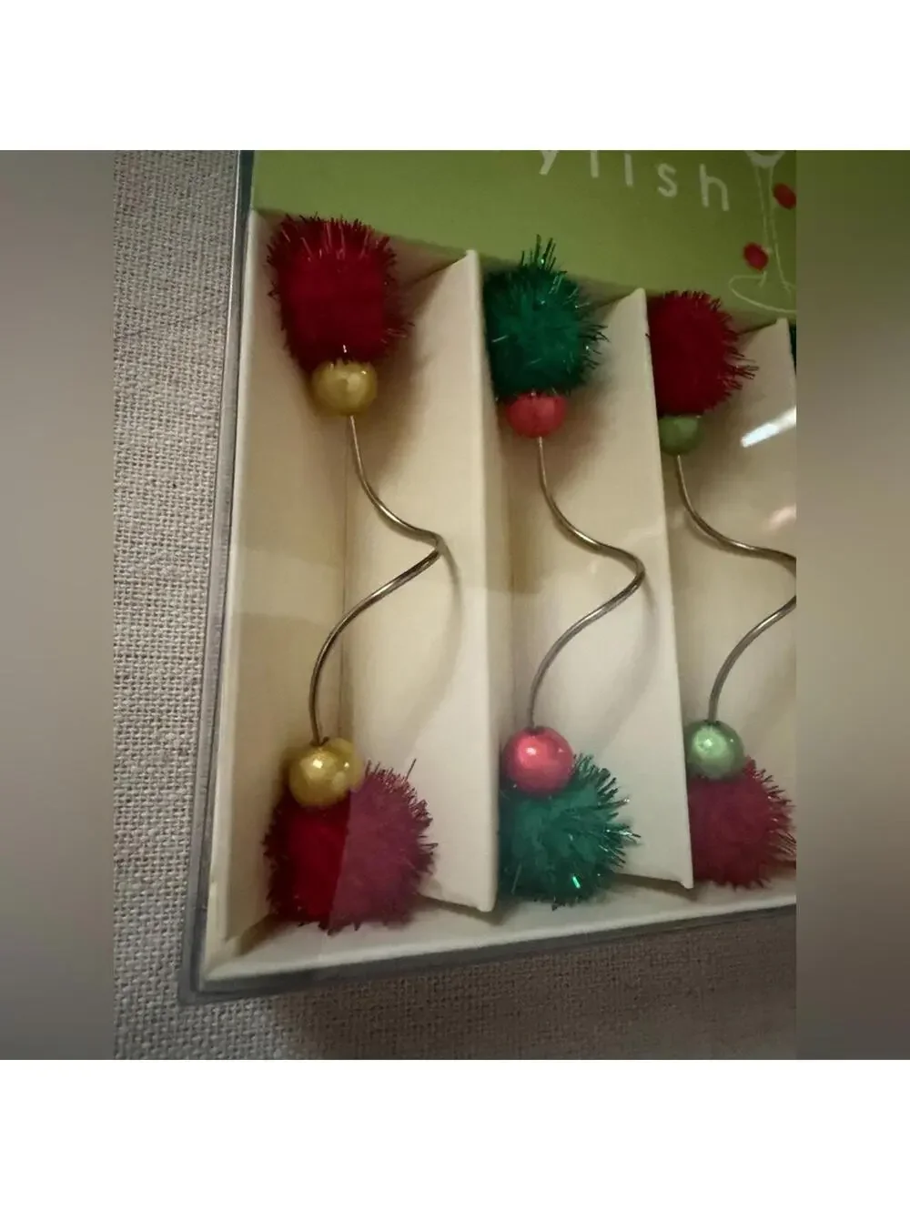 Boston Warehouse Christmas Festive Tree Wine Charms Decorations NIB _ set of 2